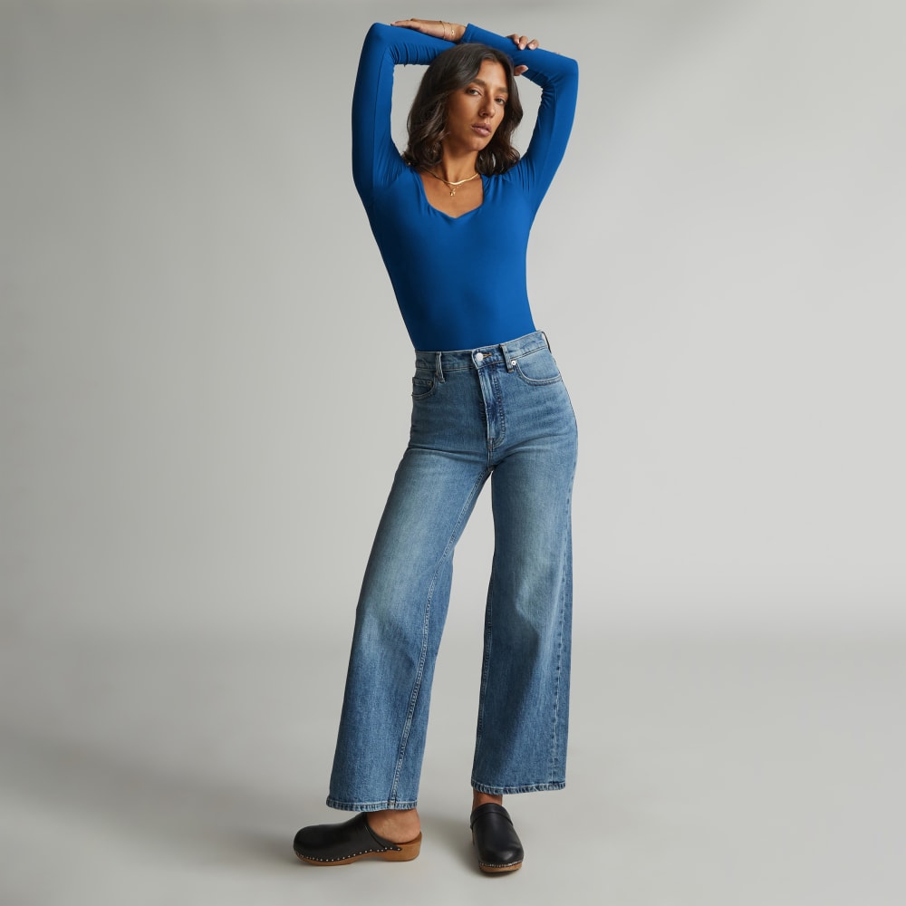 The Long-Sleeve Supima® Square-Neck Bodysuit | Lapis Blue | Thong