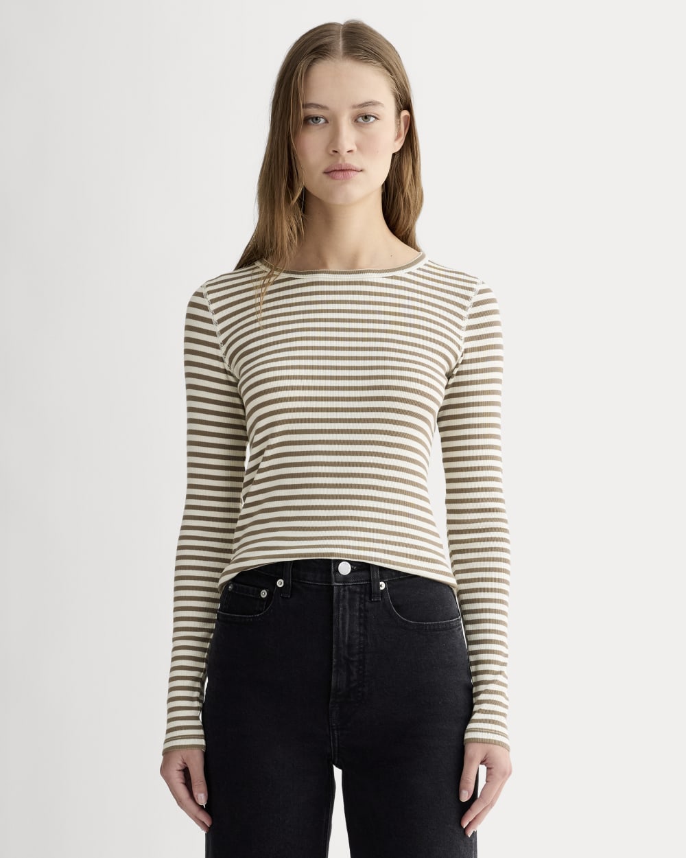 The Luxe Rib Long-Sleeve Crew | Bone / Deep Taupe