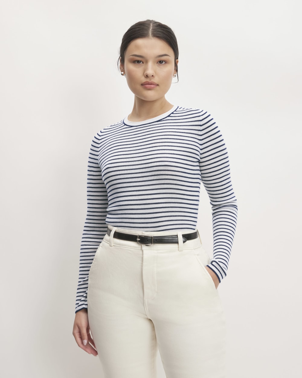 The Long-Sleeve Sweater Tee in Ultrasoft Merino | Bone/Navy