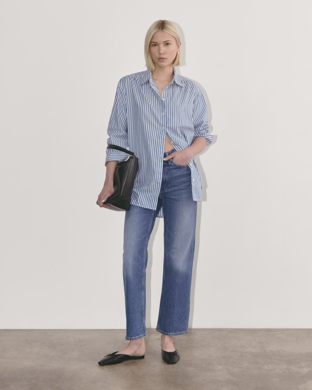 The Gathered Shirt in Silky Cotton | Bone / Mazarine Blue